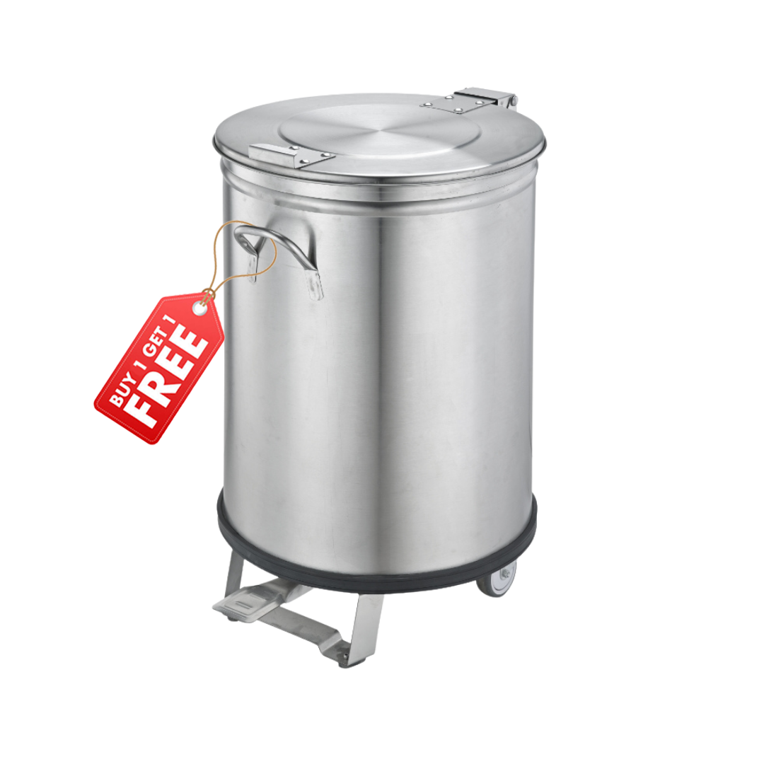231050 - Commercial Round Waste Bin 100L with 2 Castors and Foot Pedal (buy 1, get 1 FREE!)