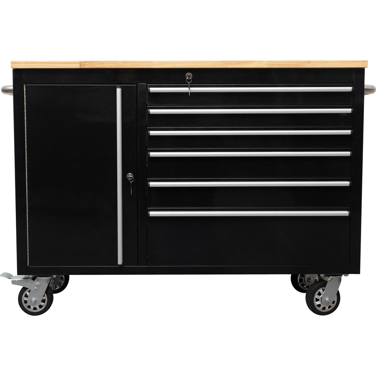 Heavy Duty Steel Rolling Tool Chest With Wooden Worktop 6 Drawers 1 Side Cabinet 1370x488x913mm Black | 482038 Ablack
