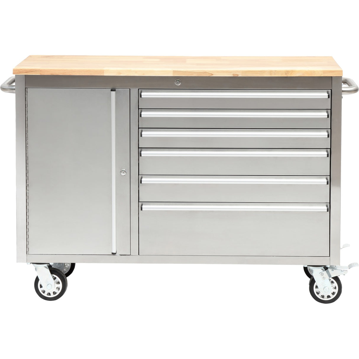 Heavy Duty Steel Rolling Tool Chest With Wooden Worktop 6 Drawers 1 Side Cabinet 1370x488x913mm Stainless Steel | 482038 Asilver