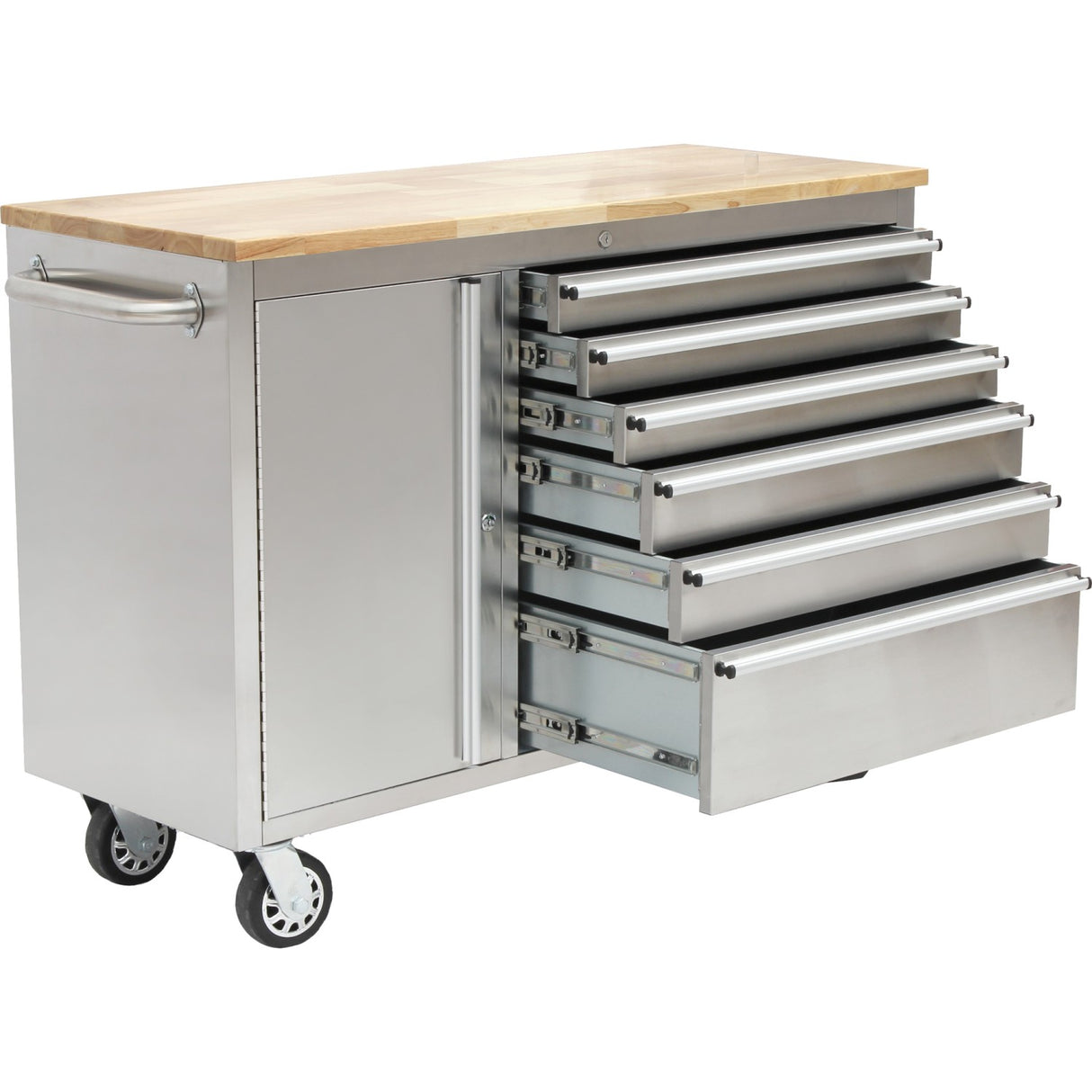Heavy Duty Steel Rolling Tool Chest With Wooden Worktop 6 Drawers 1 Side Cabinet 1370x488x913mm Stainless Steel | 482038 Asilver