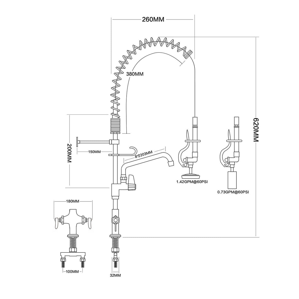 6 Inch Mini Dual Temperature Pre Rinse Faucet With Spray Valve And 8&Quot; Swing Faucet Deck Mount Chrome Plated Brass | 5810 A08