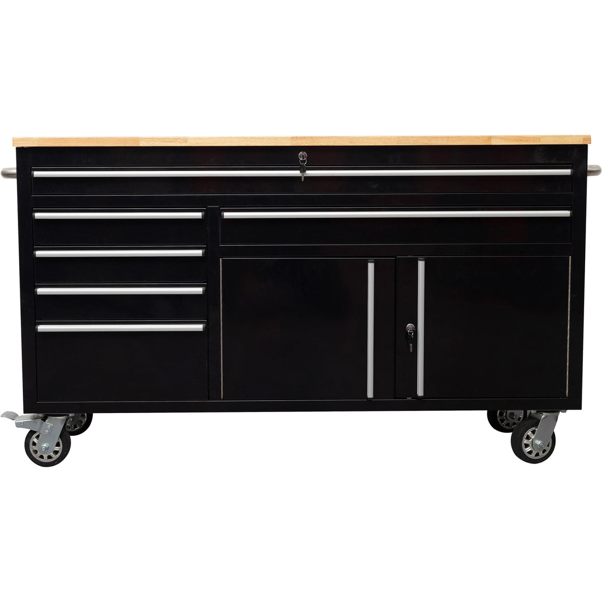 Heavy Duty Steel Rolling Tool Chest With Wooden Worktop 6 Drawers 1 Double Door Side Cabinet 1674x489x907mm Black | 602038 Ablack