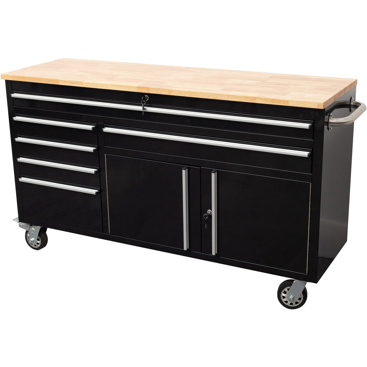 Heavy Duty Steel Rolling Tool Chest With Wooden Worktop 6 Drawers 1 Double Door Side Cabinet 1674x489x907mm Black | 602038 Ablack
