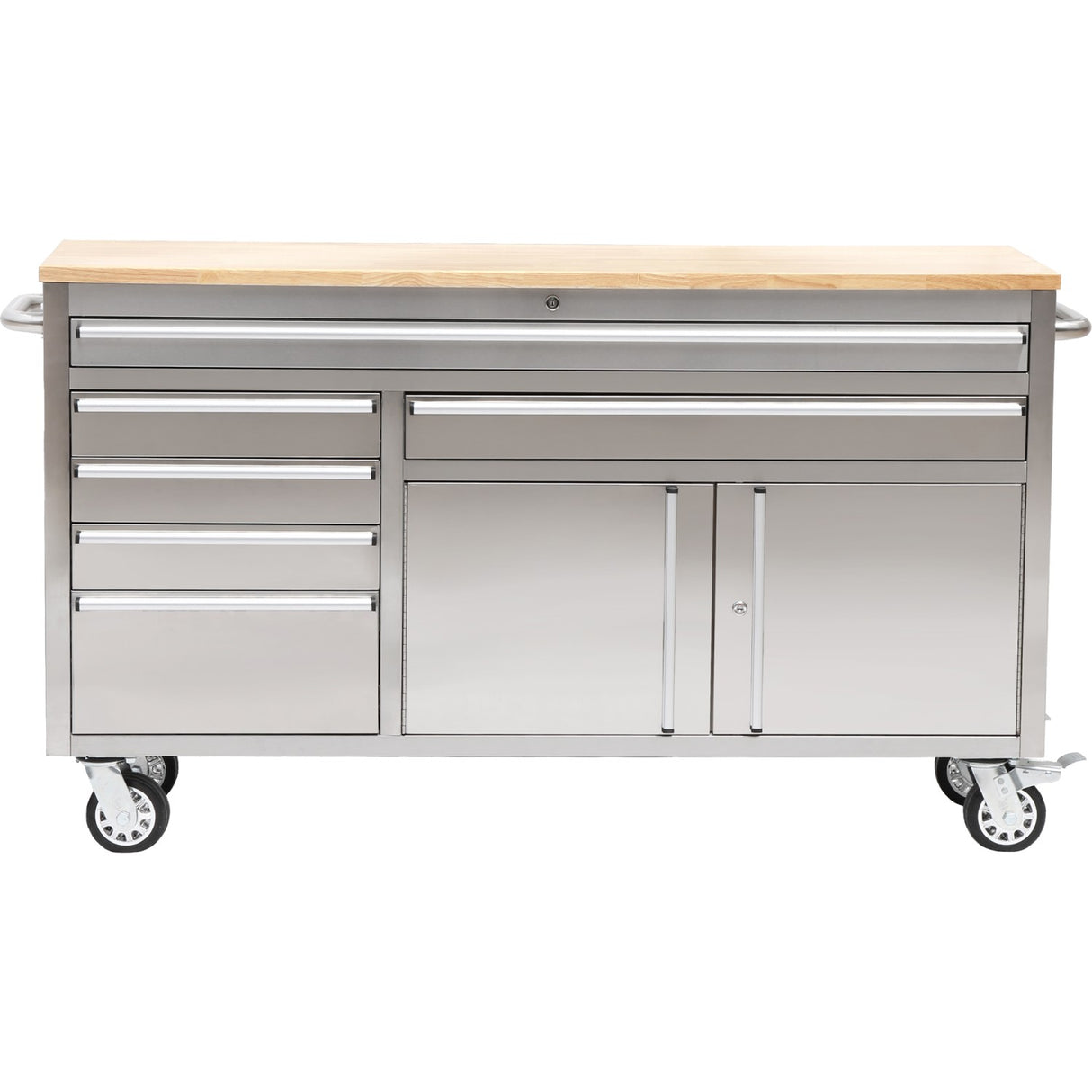 Heavy Duty Steel Rolling Tool Chest With Wooden Worktop 6 Drawers 1 Double Door Side Cabinet 1674x489x907mm Stainless Steel | 602038 Asilver