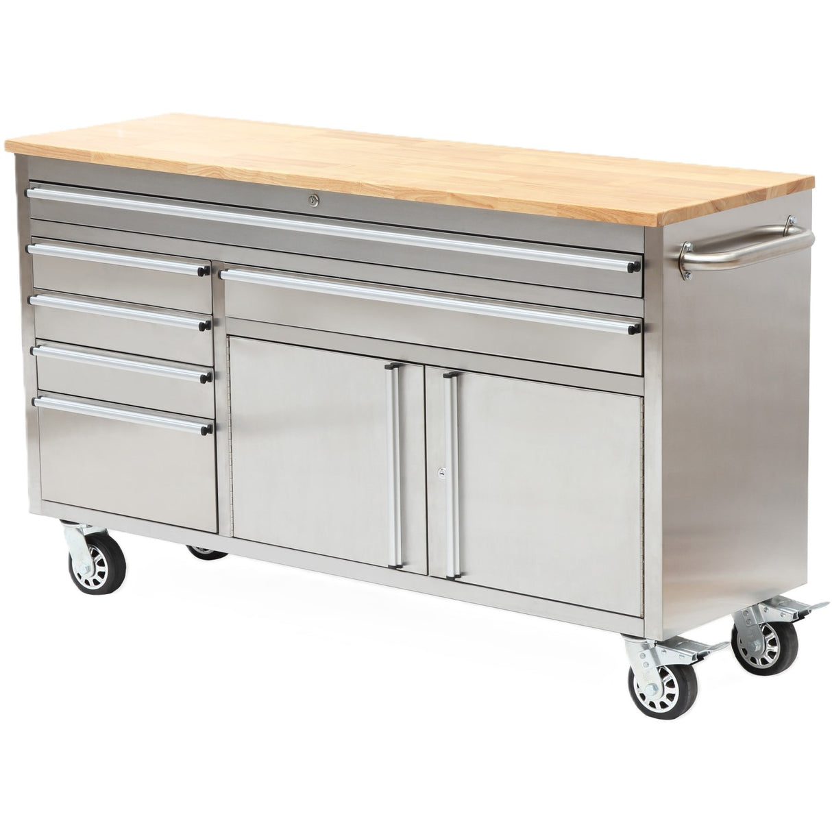 Heavy Duty Steel Rolling Tool Chest With Wooden Worktop 6 Drawers 1 Double Door Side Cabinet 1674x489x907mm Stainless Steel | 602038 Asilver
