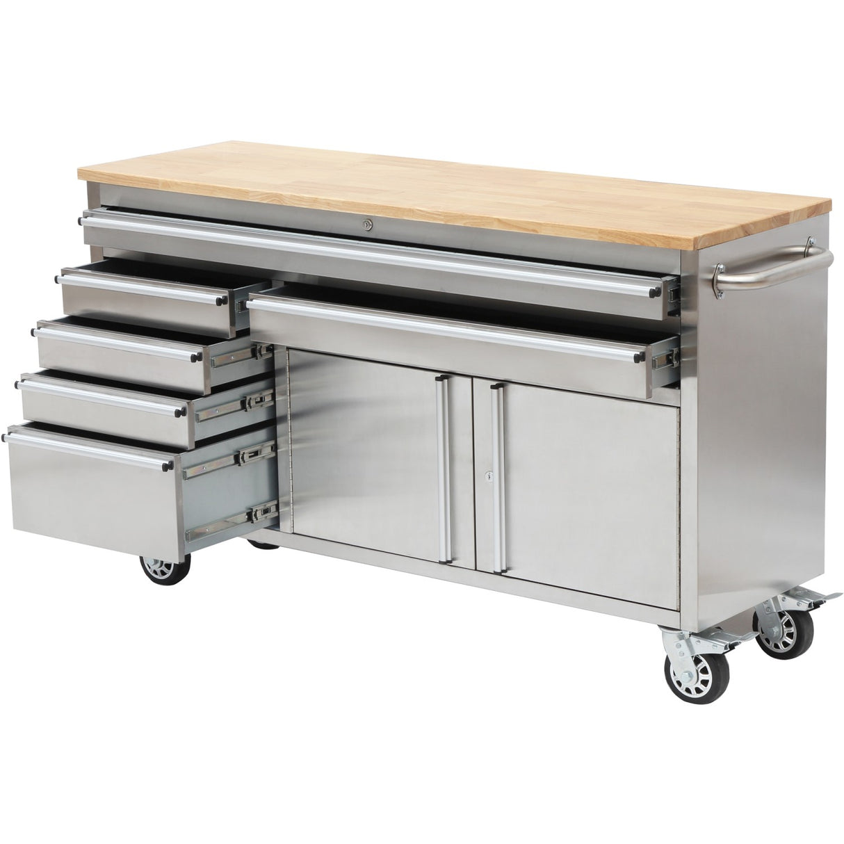Heavy Duty Steel Rolling Tool Chest With Wooden Worktop 6 Drawers 1 Double Door Side Cabinet 1674x489x907mm Stainless Steel | 602038 Asilver