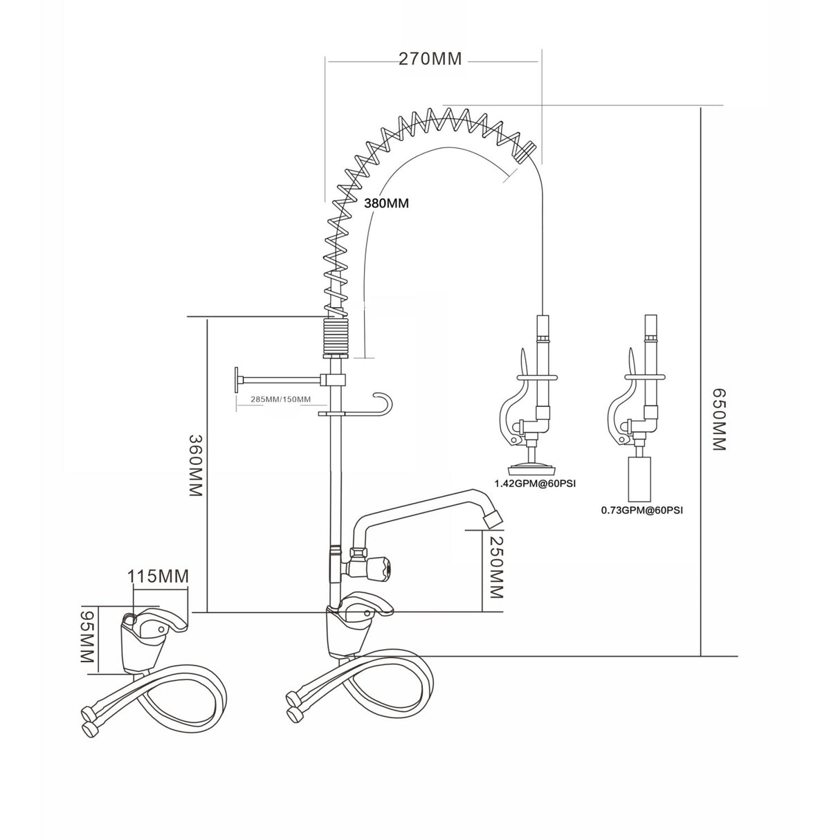 Mini Single Hole Deck Mount Dual Temperature High Pressure Pre Rinse Faucet With 8&Quot; Swing Nozzle Chrome Plated Brass | 6801 A08