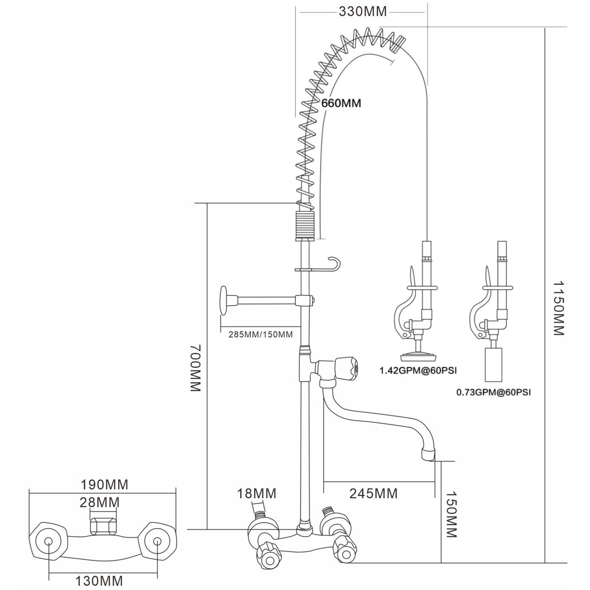 Standard Wall Mounted Pre Rinser With Compression Cartridge And Rotary Handle &Amp; 12&Quot; Swing Nozzle Chrome Plated Brass | 6903 A12