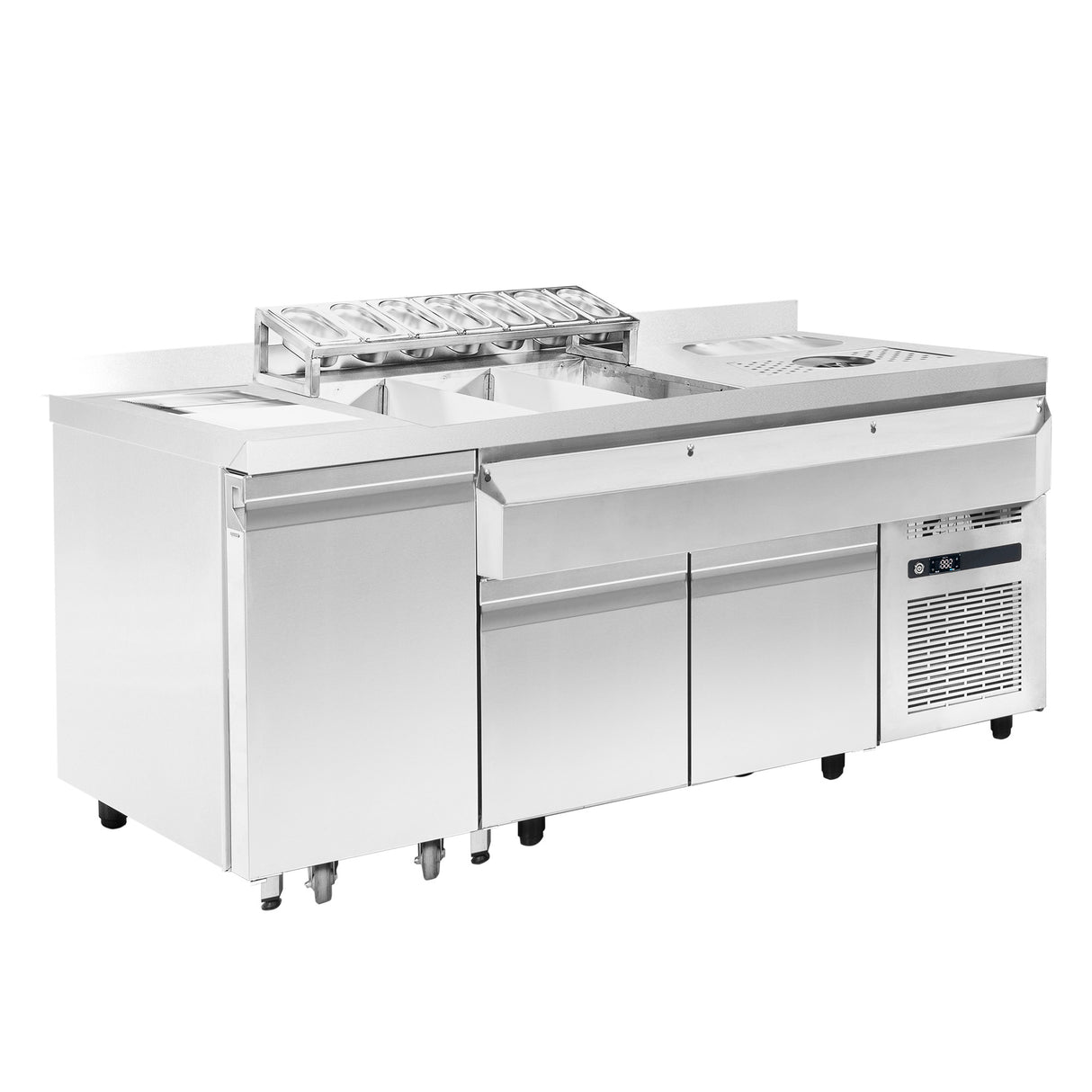 Commercial Catering Equipment - Refrigerated Cocktail Bar Station Incl. Sink, Glass Rinser, Speedrail For Bottles, Cutting Board And Waste Bin
