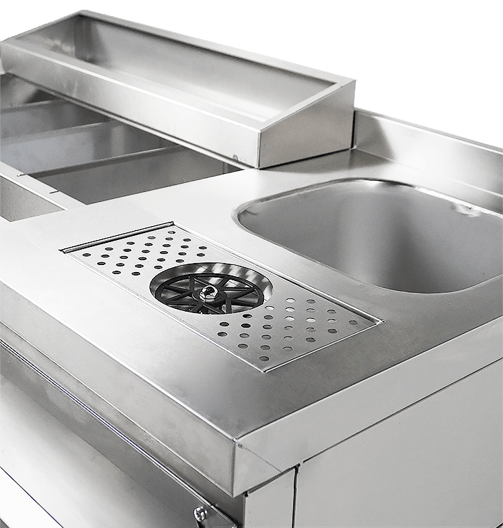 Commercial Catering Equipment - Refrigerated Cocktail Bar Station Incl. Sink, Glass Rinser, Speedrail For Bottles, Cutting Board And Waste Bin