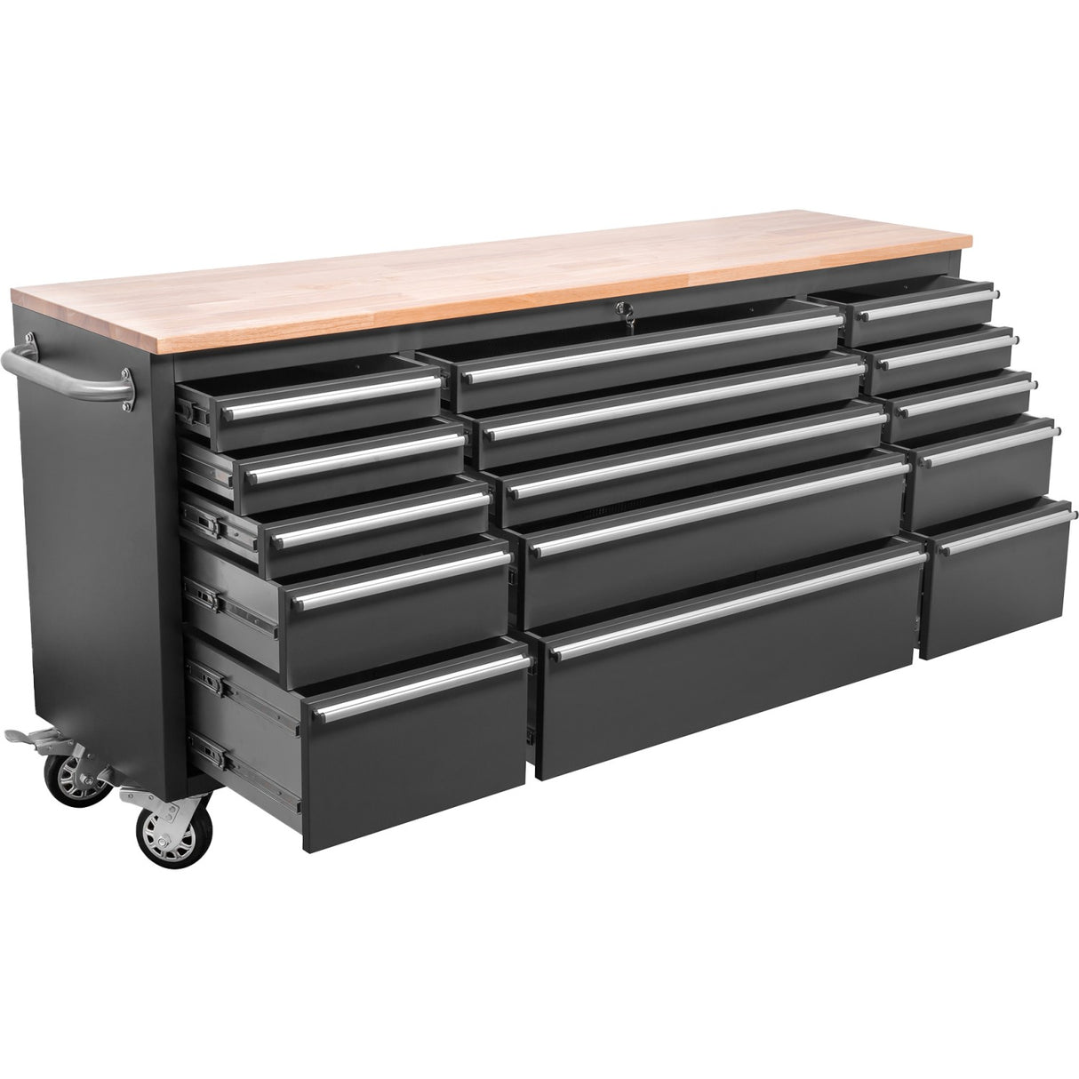 Heavy Duty Steel Rolling Tool Chest With Wooden Worktop 15 Drawers 1978x485x908mm Black | 722038 Ablack