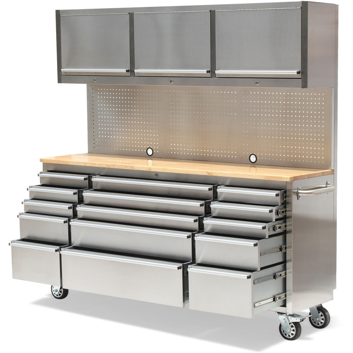 Professional Stainless Steel Rolling Tool Cabinet 15 Drawers 3 Upper Cupboards 1968x500x1825mm | 722038 Ap