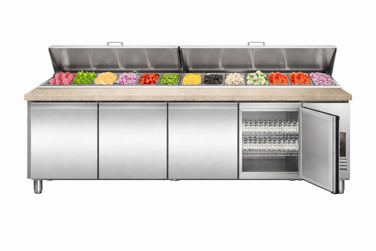 Commercial Pizza Prep Counter - Saladette 4 Doors With Granite Worktop And 12x1/3 Gn Container *Transport On Request*