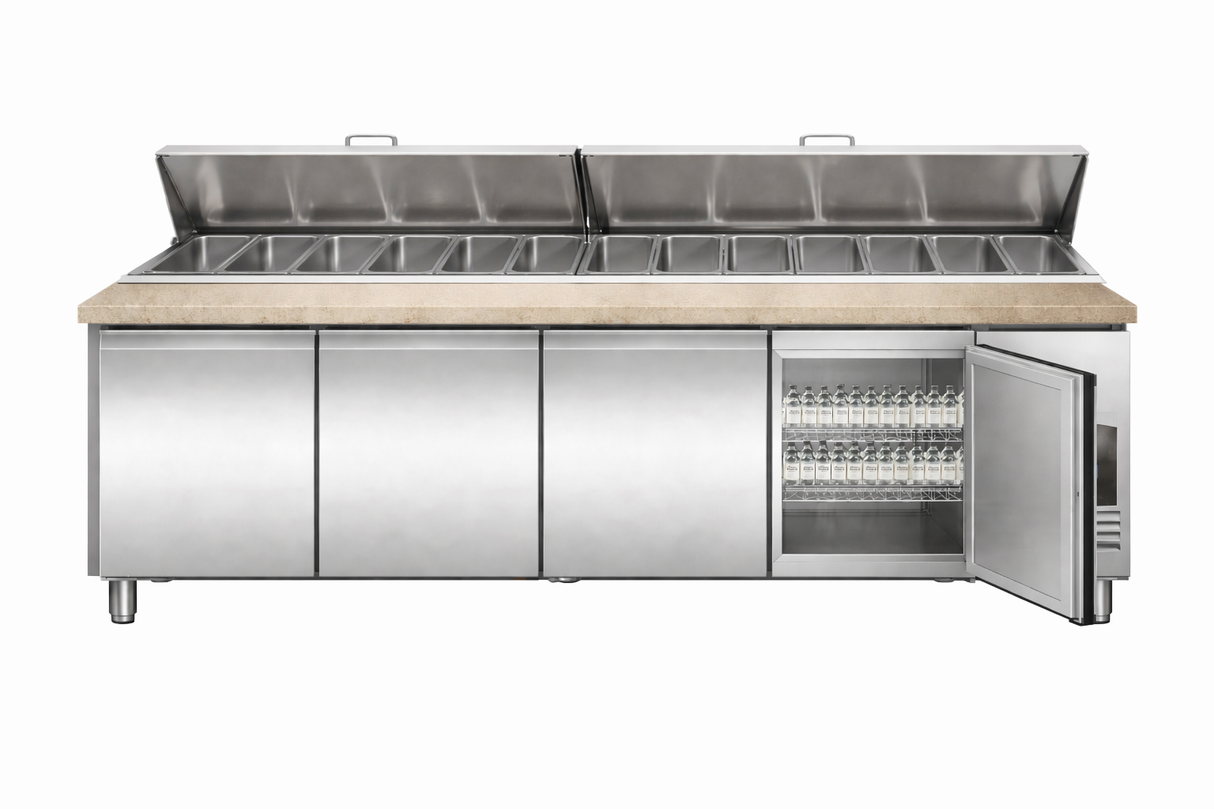Commercial Pizza Prep Counter - Saladette 4 Doors With Granite Worktop And 12x1/3 Gn Container *Transport On Request*