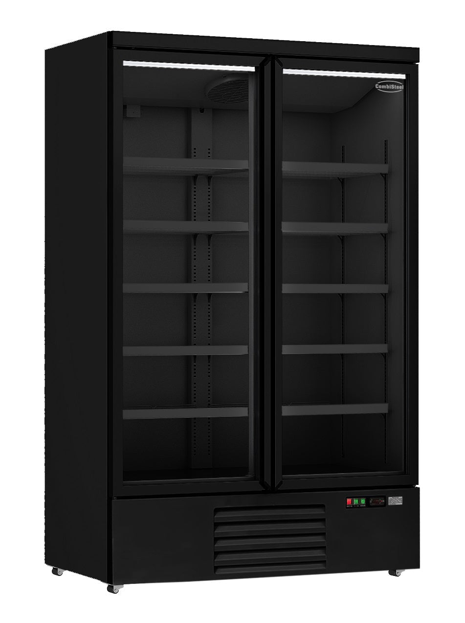 Sleek Black Combisteel Double Glass Door Refrigerator - Model JDE-1000R BL - Perfect for Your Cooling Needs