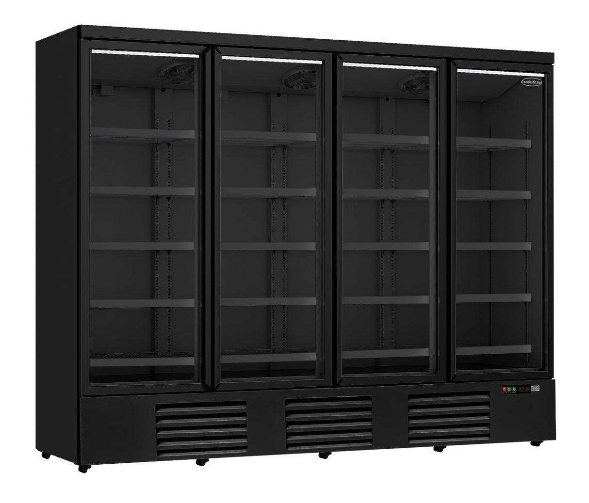 Sleek Black 4-Door Glass Display Refrigerator by Combisteel - Model JDE-2025R Bl - Perfect for Your Business