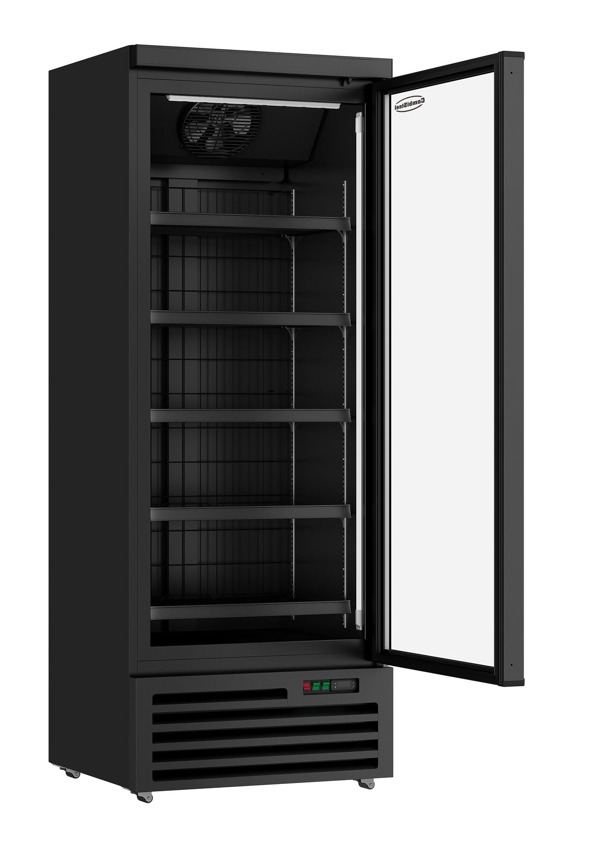 Sleek Black Combisteel Glass Door Freezer - Model JDE-600F BL - Perfect for Your Storage Needs