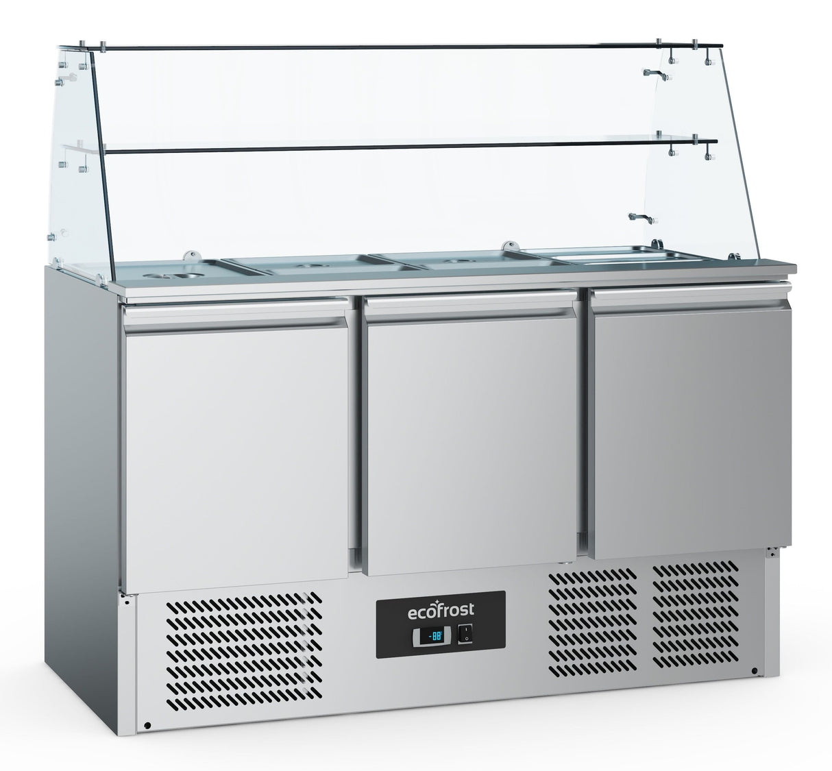 Chill & Serve: Combisteel 3-Door Refrigerated Saladette with Glass Surround - 4 x 1/1GN