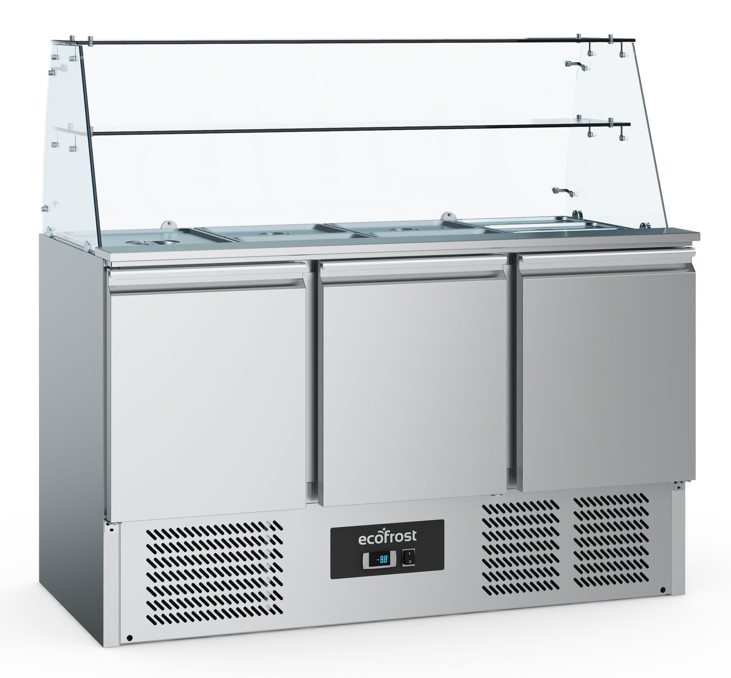 Chill & Serve: Combisteel 3-Door Refrigerated Saladette with Glass Surround - 4 x 1/1GN