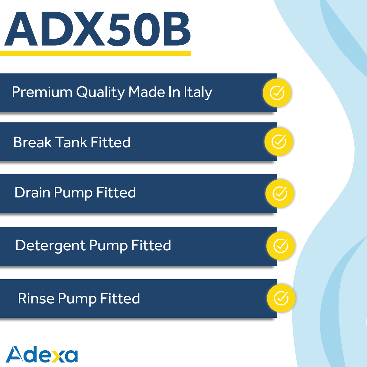 Commercial Dishwasher Premium 500mm Basket 20 Baskets/Hour Break Tank Drain Pump Detergent Dosing Pump | Adx50 B