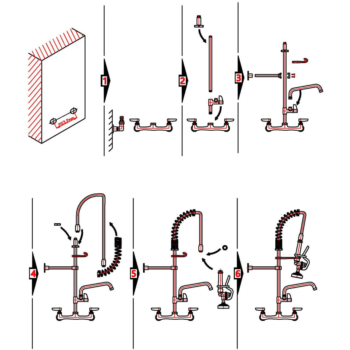 8&Quot; Wall Mounted Pre Rinse Faucet With Add On 6&Quot; Swing Spout &Amp; 22&Quot; Hose &Amp; Spray Valve | Bxf240