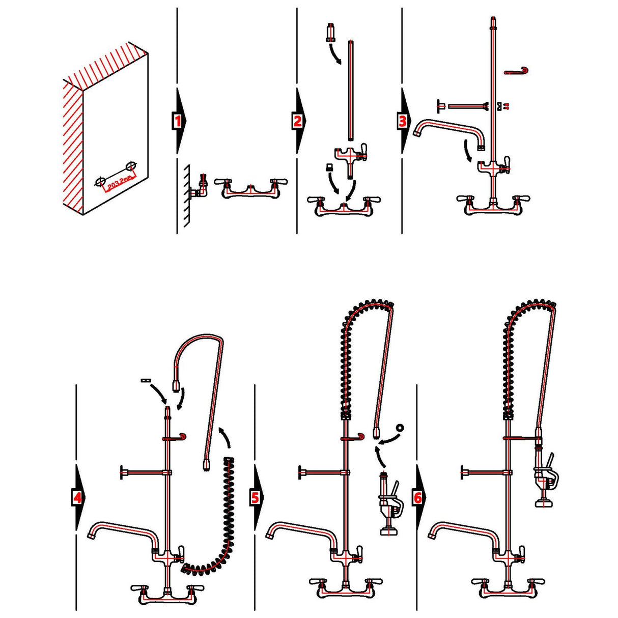 8&Quot; Center Wall Mounted Pre Rinse Unit With Add On Faucet &Amp; 18&Quot; Riser &Amp; 44&Quot; Hose &Amp; 12&Quot; Swing Spout | Bxf248