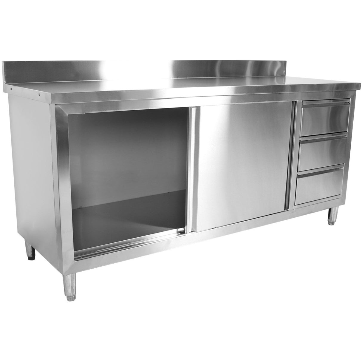 Commercial Worktop Floor Cupboard 3 Drawers Right 2 Sliding Doors Stainless Steel 1600x700x850mm Upstand | Vtc167 R3 B