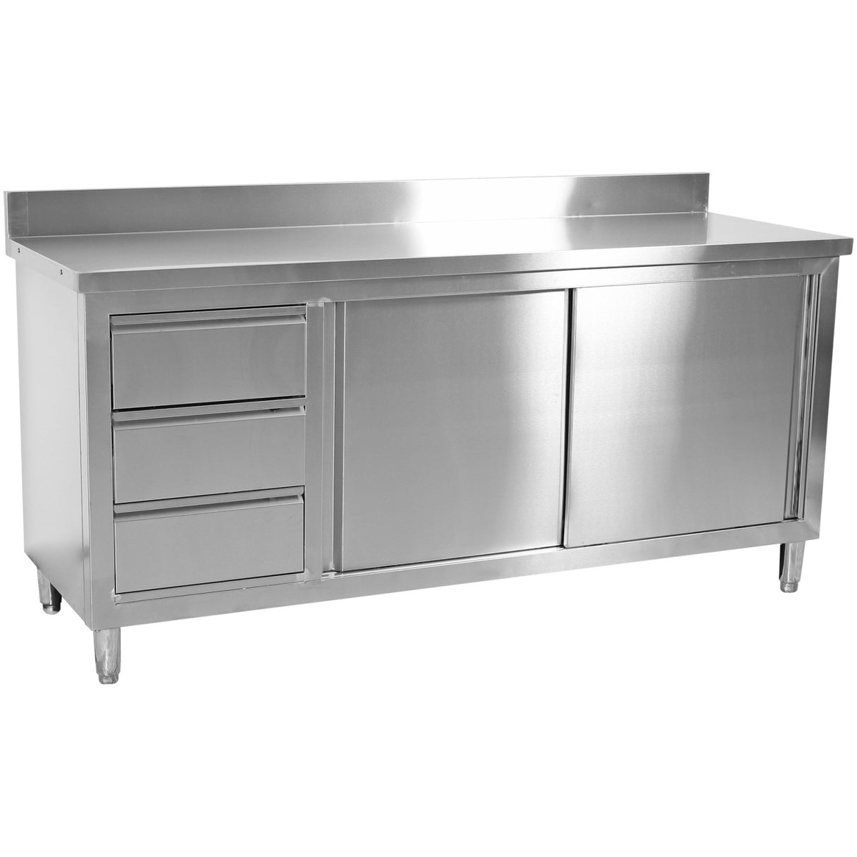 Commercial Worktop Floor Cupboard 3 Drawers Left 2 Sliding Doors Stainless Steel 1600x700x850mm Upstand | Vtc167 L3 B