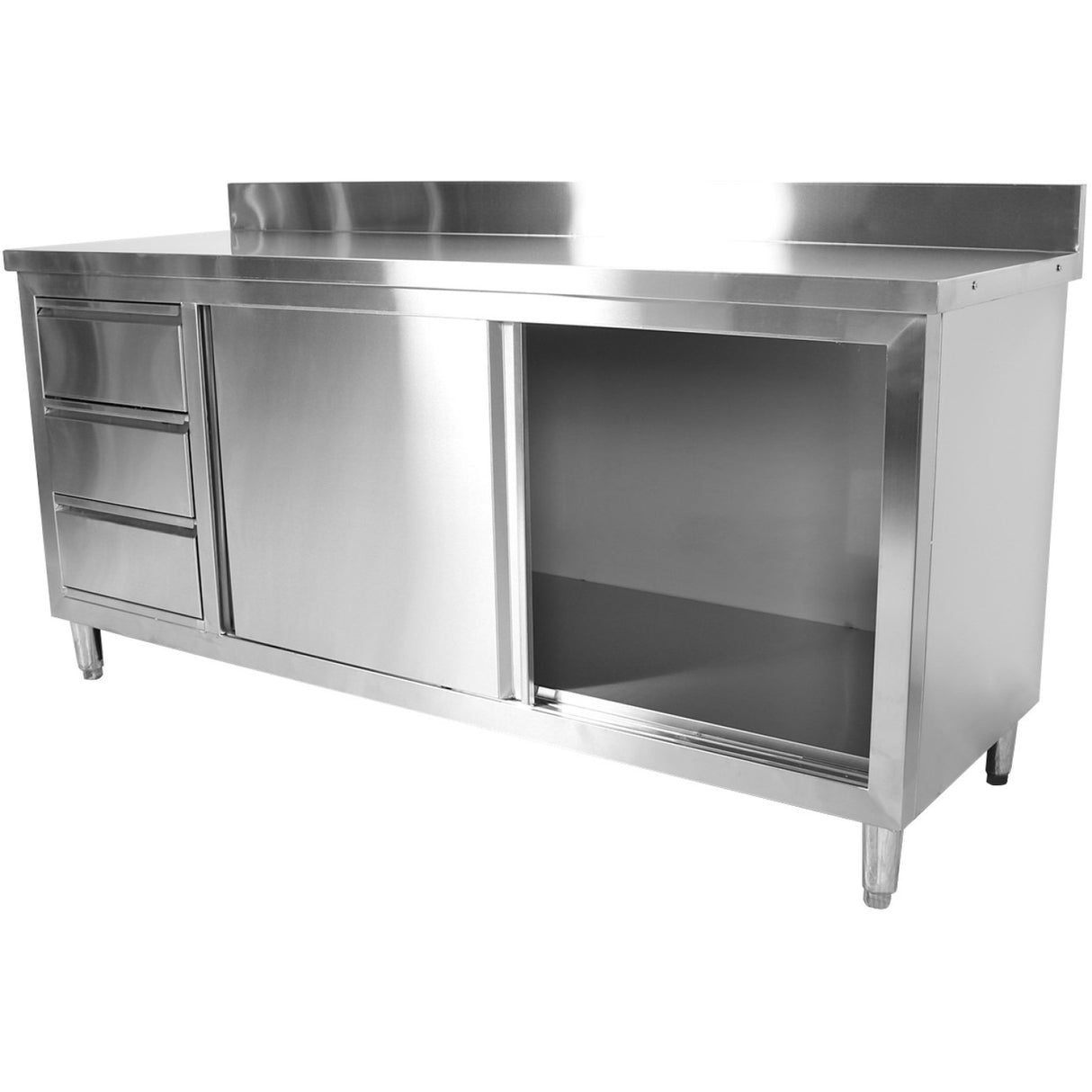 Commercial Worktop Floor Cupboard 3 Drawers Left 2 Sliding Doors Stainless Steel 1600x700x850mm Upstand | Vtc167 L3 B
