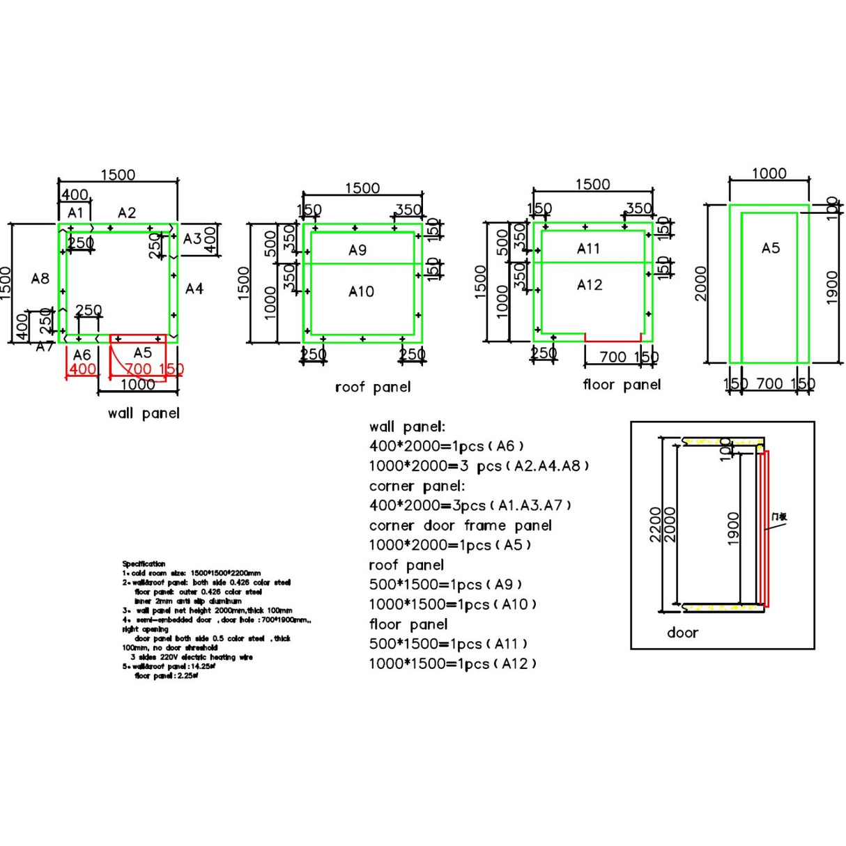 Cold Room 1500×1500×2200mm With 1hp Wall Mounted Monoblock Refrigeration Unit (Chiller, +2°C To +12°C) | Coldroom151522