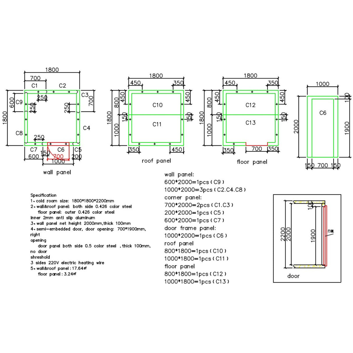 Cold Room 1800×1800×2200mm With 1hp Wall Mounted Monoblock Refrigeration Unit (Chiller, +2°C To +12°C) | Coldroom181822