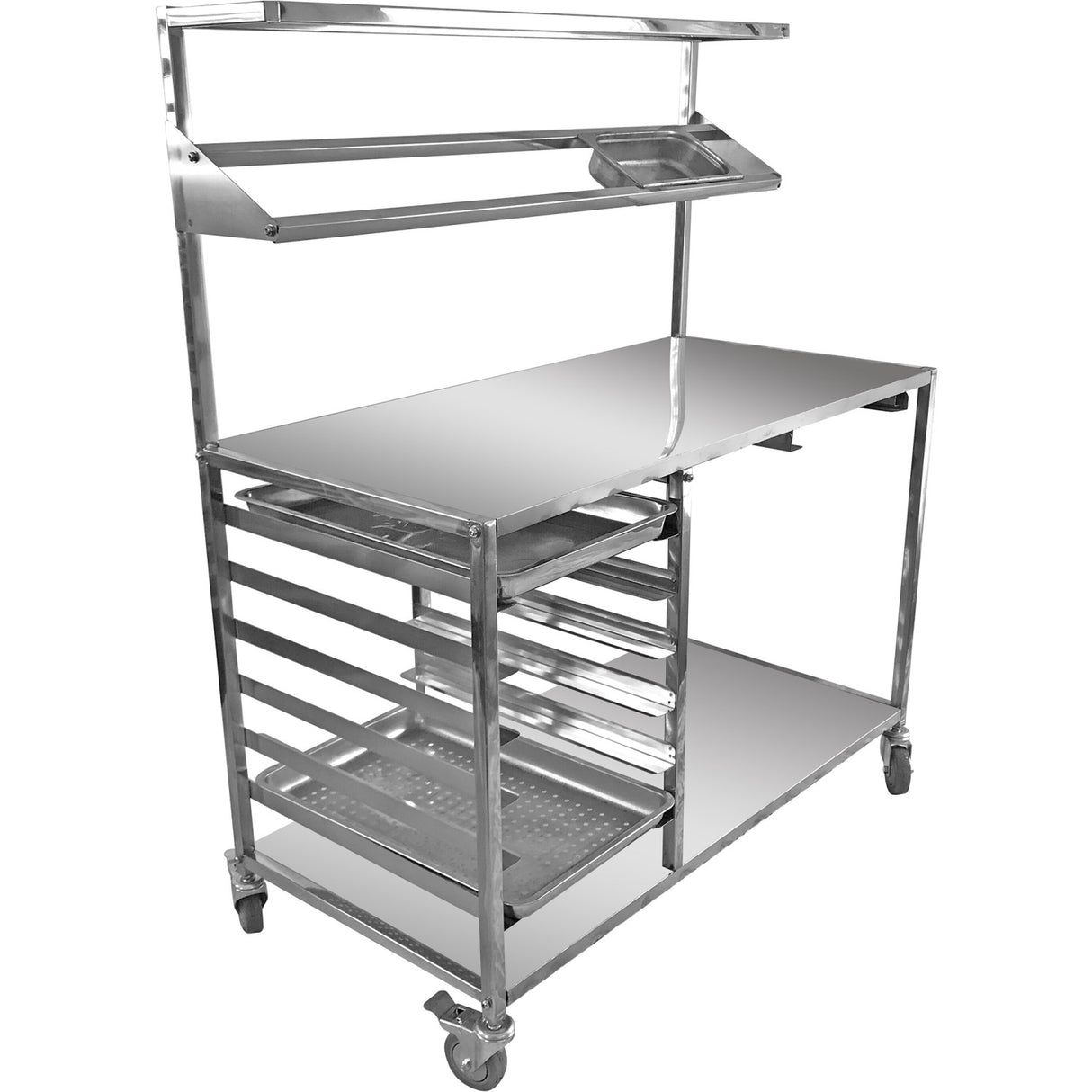 Mobile Prep Table With Gn1/1 Rails &Amp; Top Shelf &Amp; Condiment Rail &Amp; Castors Stainless Steel | Cptabc