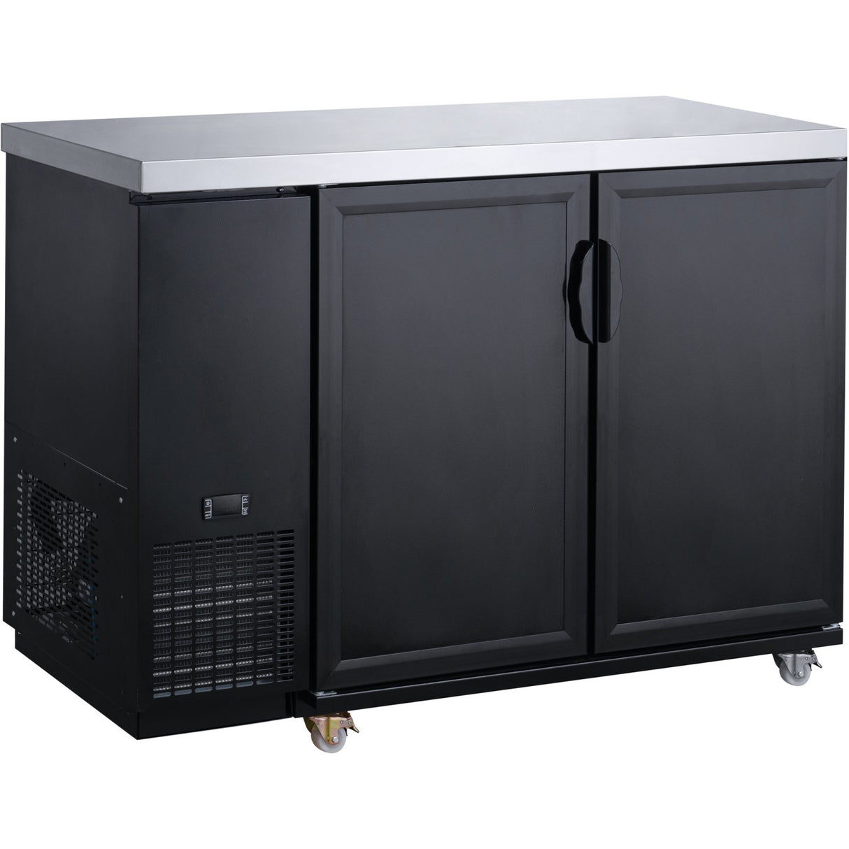 Black Counter Height Narrow Solid Door Back Bar Refrigerator With Led Lighting And Stainless Steel Top 462 Litres Black | Dbb60 M2