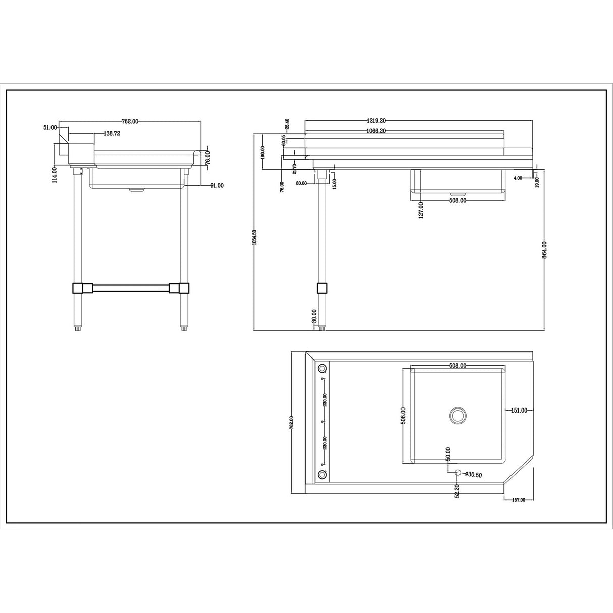 Commercial Stainless Steel Pass Through Dishwasher Table With Sink Left 1219mm Width | Dc1 T3048 Leftsink