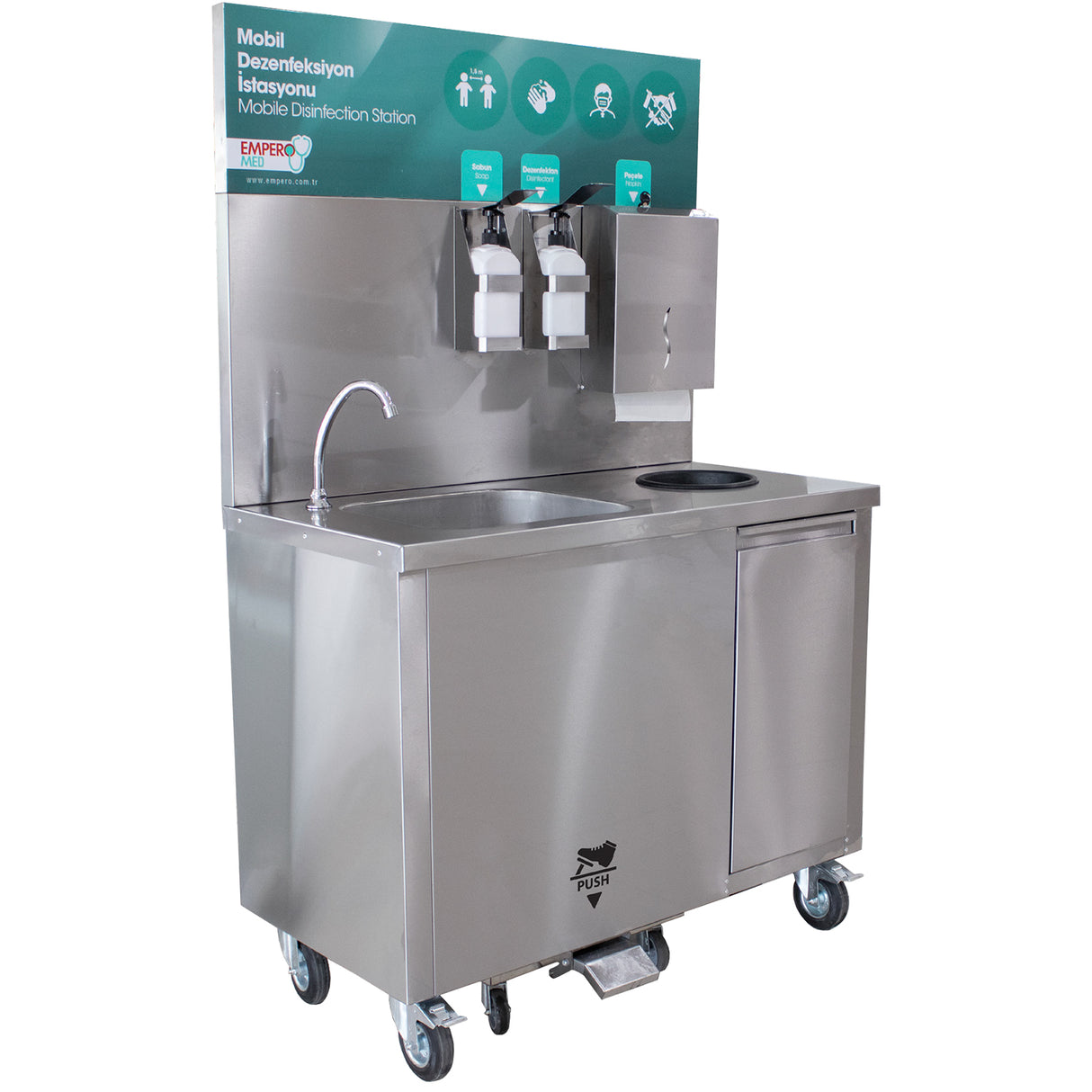Mobile Hand Wash Station With Trash Bin Built In Fresh And Waste Water Bins Stainless Steel 750x605x1590mm | Dke102