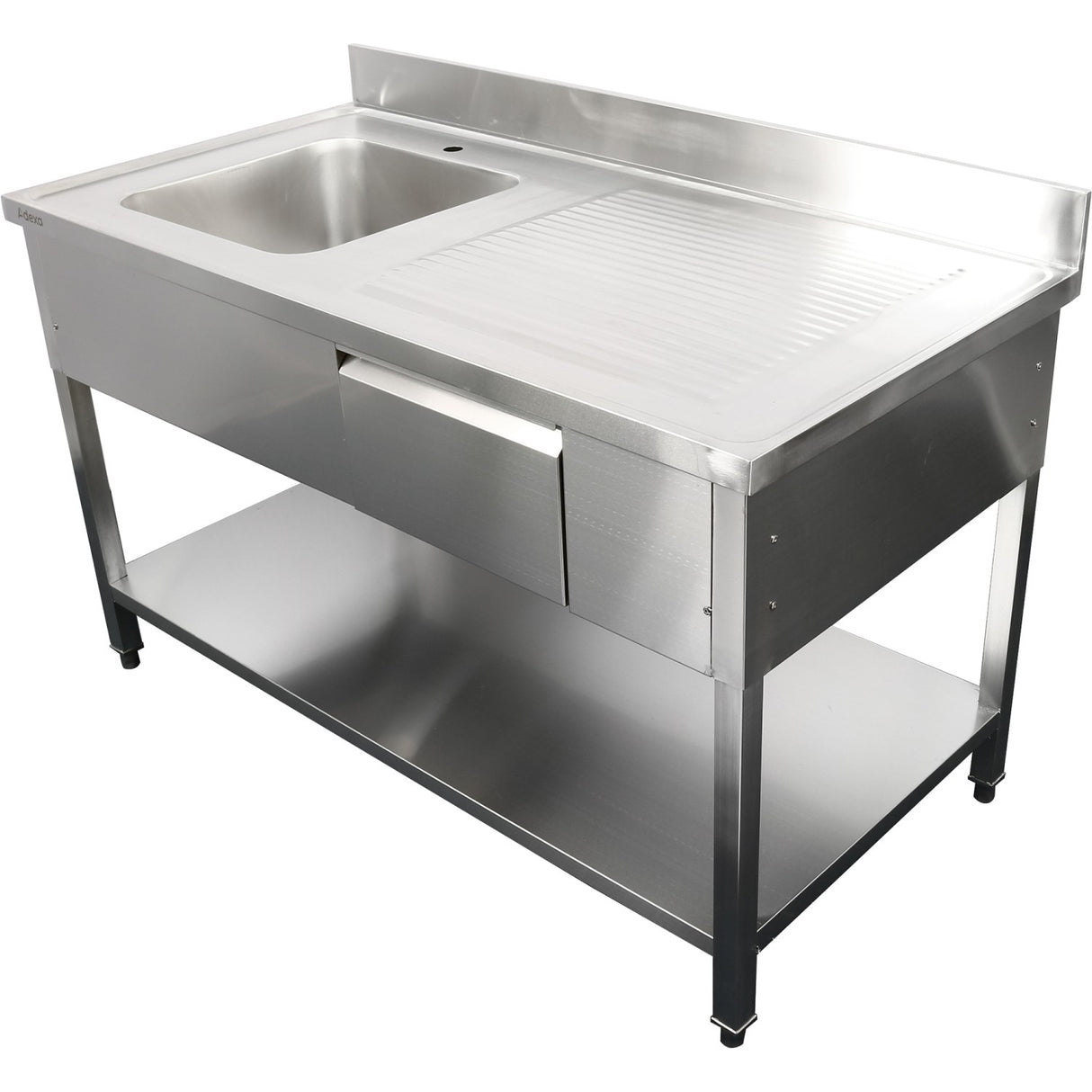 Commercial Sink Stainless Steel 1200x600x950mm 1 Bowl To The Left 1 Drawer Splashback | Dsa120601 Dl