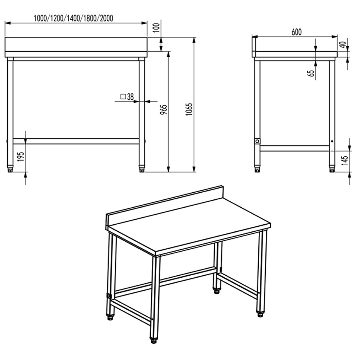 Professional Work Table Stainless Steel No Bottom Shelf Upstand 1400x600x965mm | Dw6140