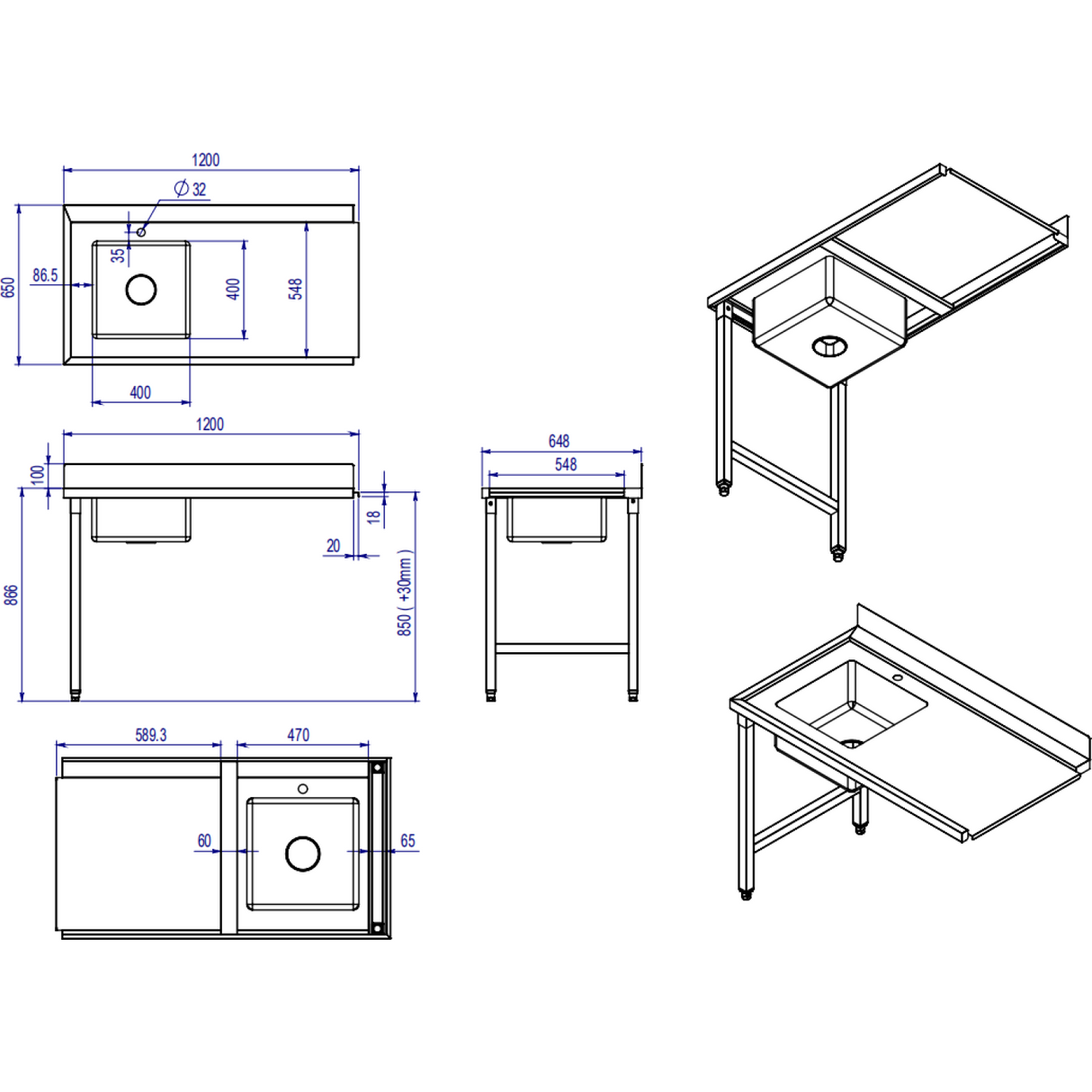 Loading Table Right Side 1200x650x850mm With Sink With Splashback Stainless Steel | Dwita1265 R