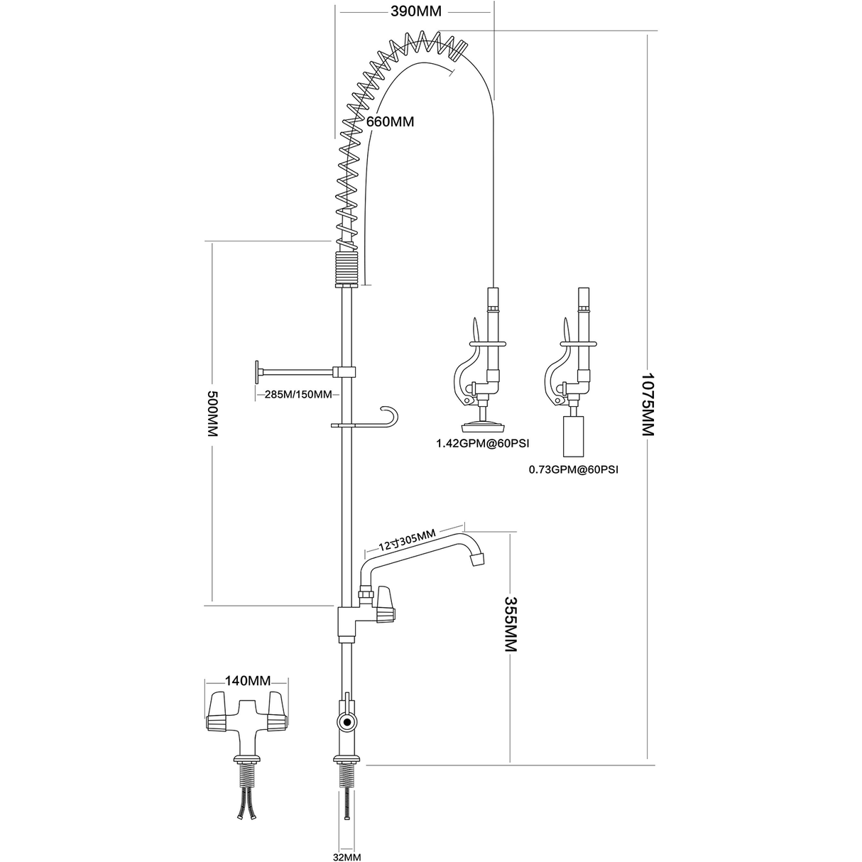 Pre Rinse Spray Unit With Swing Faucet Deck Mount Double Inlet Height 1000mm Stainless Steel | Eq2801 A12