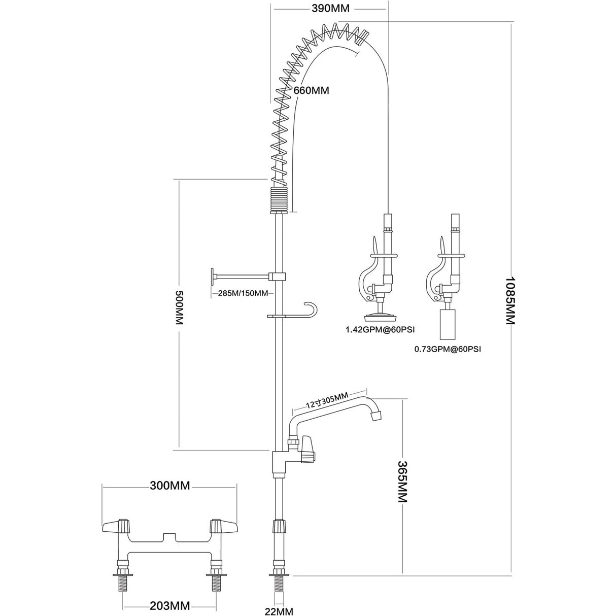 8&Quot; Desk Mount Mixing Faucet With 20&Quot; Riser &Amp; 37&Quot; Flexible Hose &Amp; Spray Valve &Amp; 12&Quot; Swing Nozzle Chrome Plated Brass | Eq2805 A12