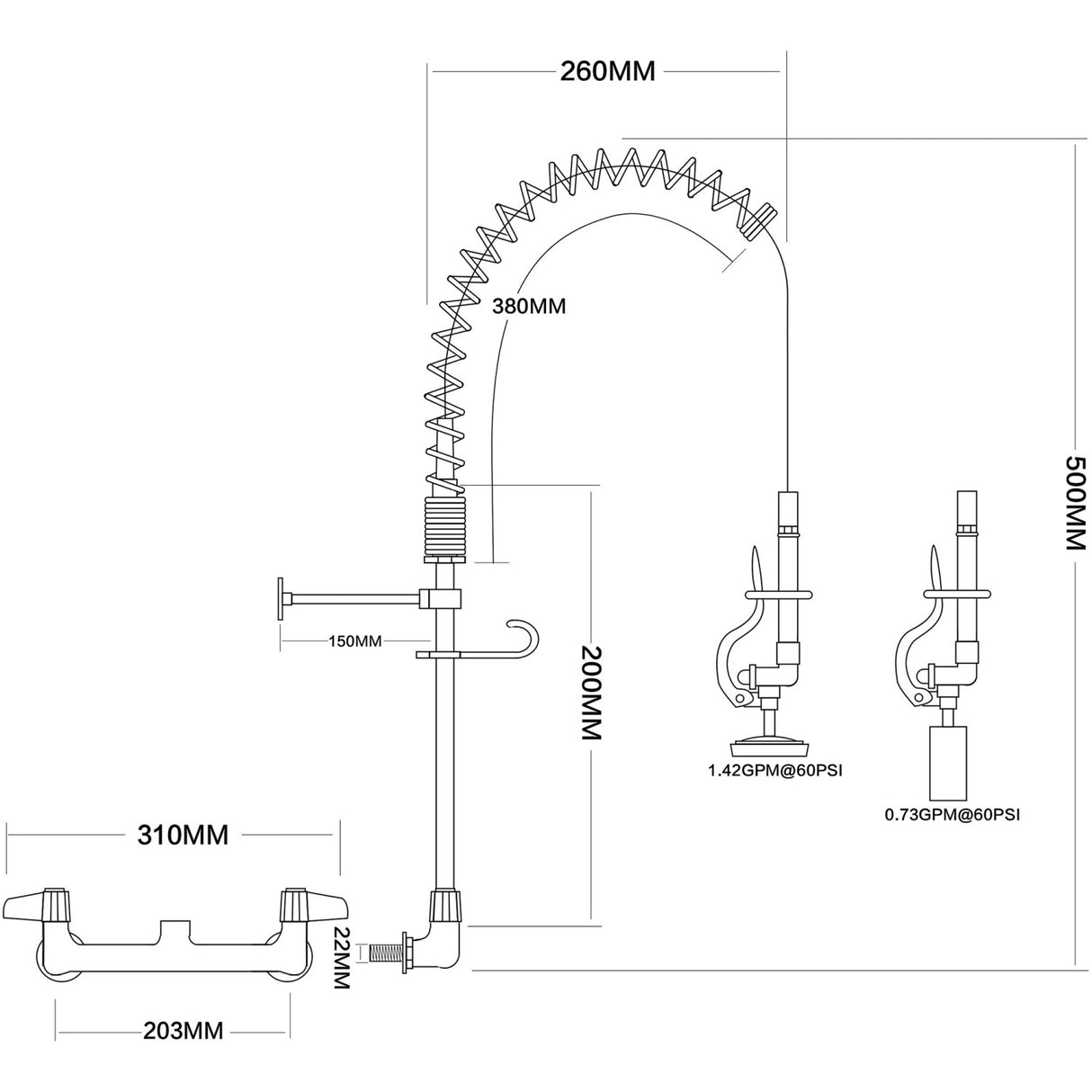 Pre Rinse Spray Unit Wall Mount Double Inlet Height 500mm Stainless Steel | Eq7802 A