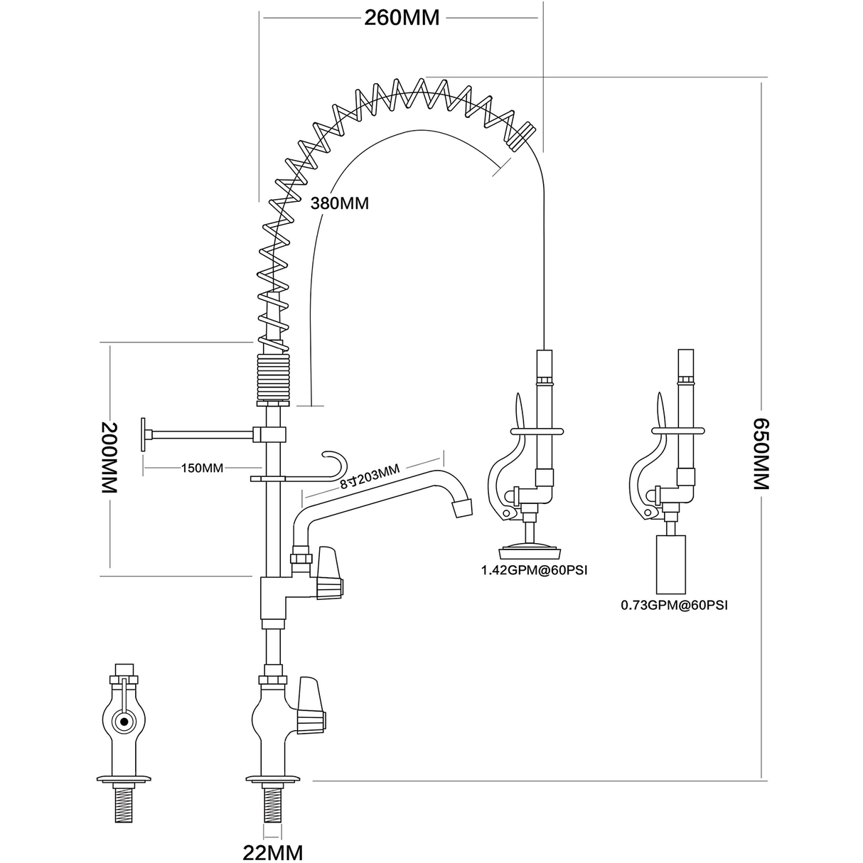 Pre Rinse Spray Unit With Swing Faucet Deck Mount Single Inlet Height 600mm Stainless Steel | Eq7803 A08