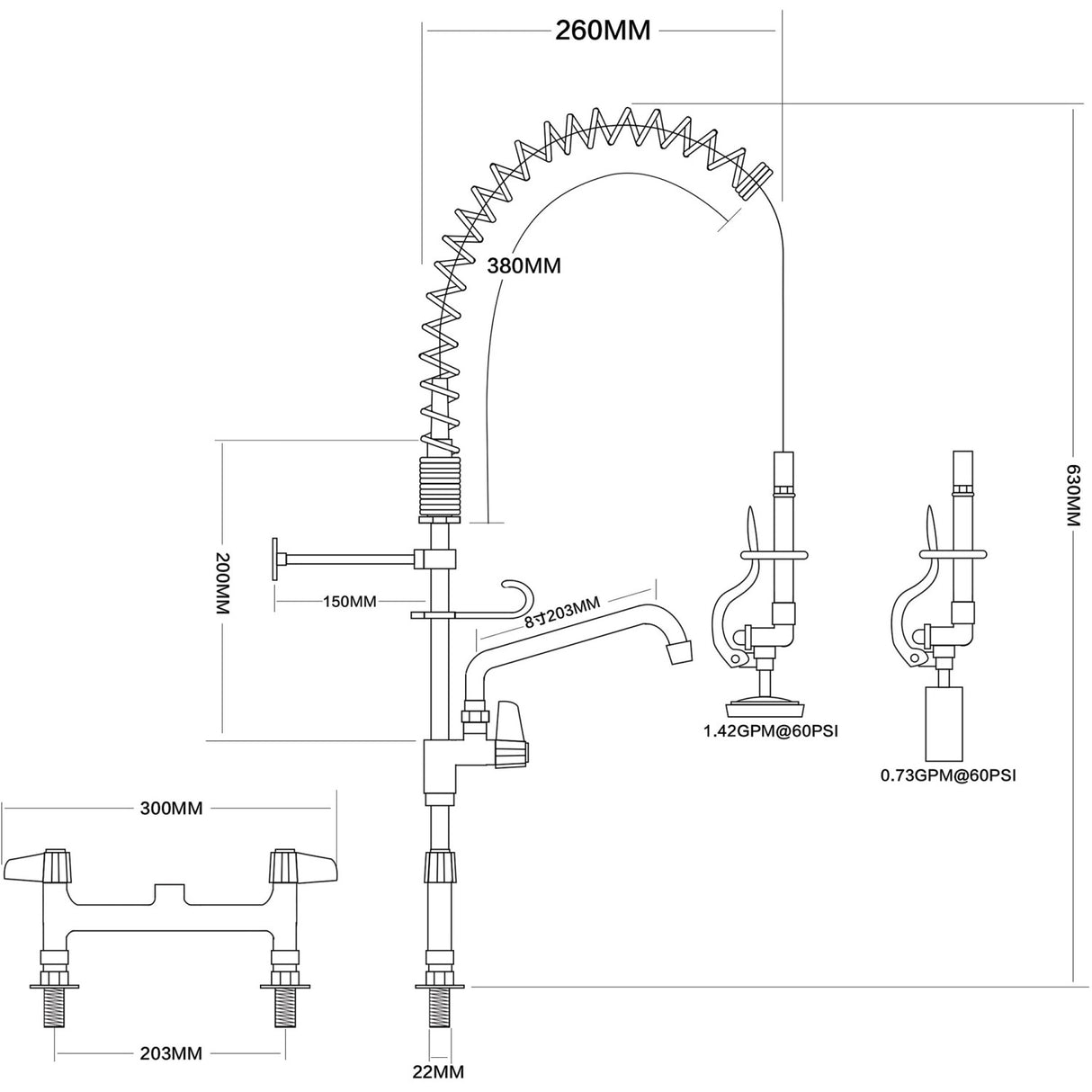 8&Quot; Desk Mount Mixing Faucet With 8&Quot; Riser &Amp; 18&Quot; Flexible &Amp; 8&Quot; Swing Nozzle Hose Chrome Plated Brass | Eq7805 A08