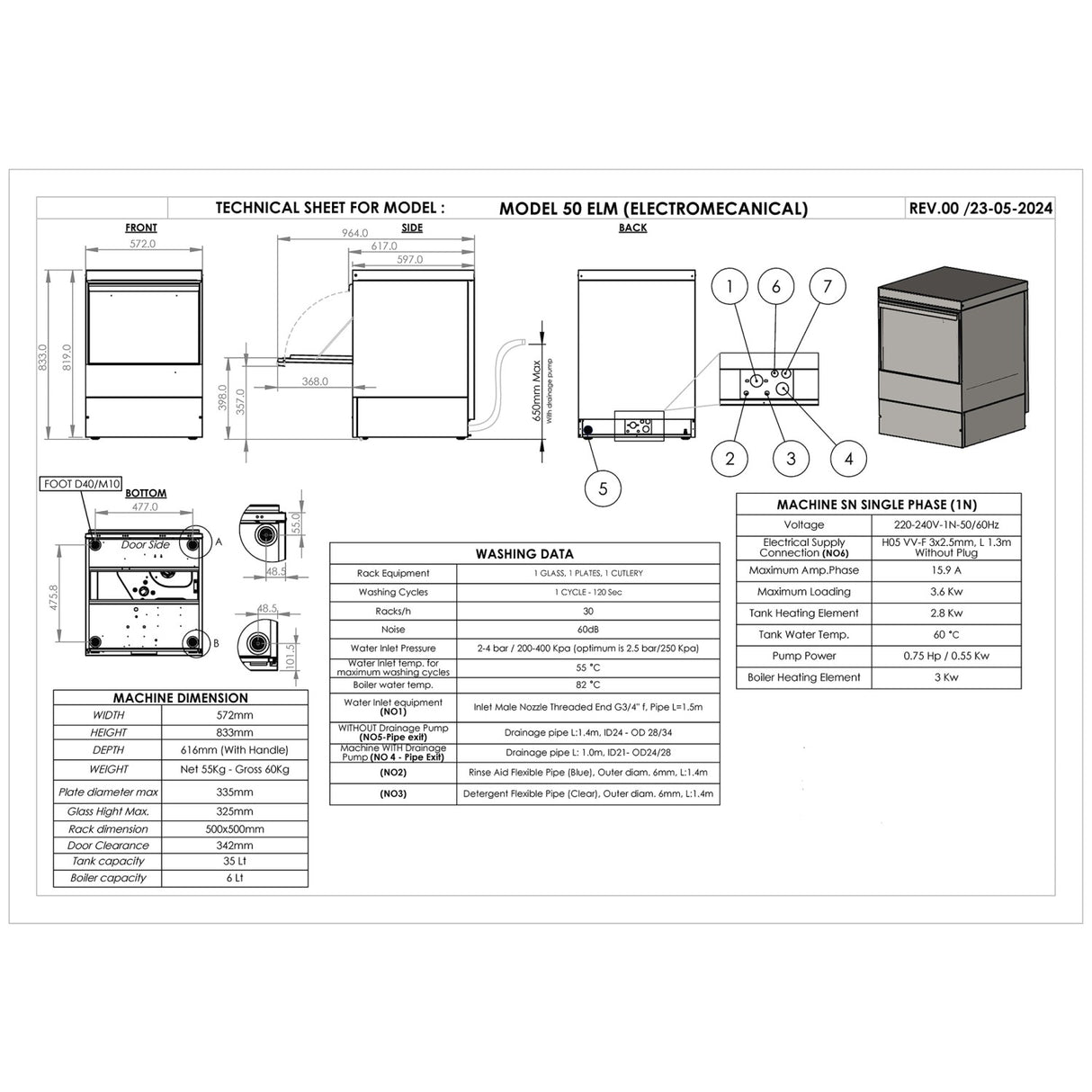 Commercial Undercounter Dishwasher With 500mm Basket And Rinse, Detergent &Amp; Drain Pump | Evw24 Made In Europe