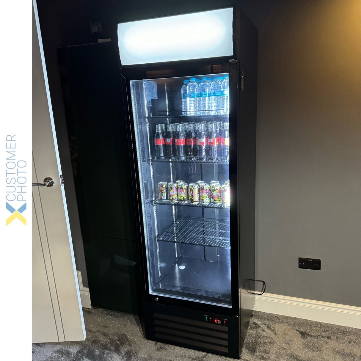 Commercial Bottle Cooler Upright 400 Litres Single Glass Door With Led Canopy In Black | Kxg400 H
