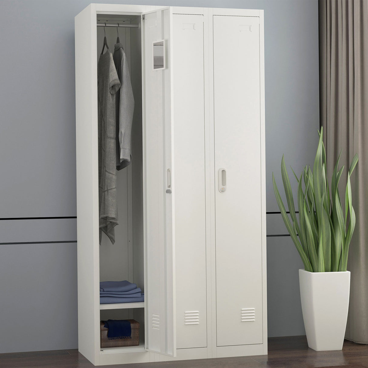 Commercial Grey Three Door Locker With Clothes Hanger, Fixed Shelf And Mirror 900x450x1800mm | Locker3 Tw