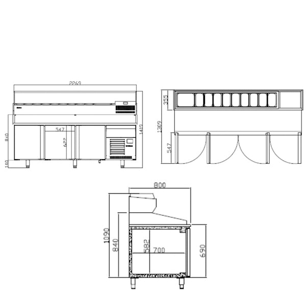 Triple Hinged Door Pizza Prep Counter