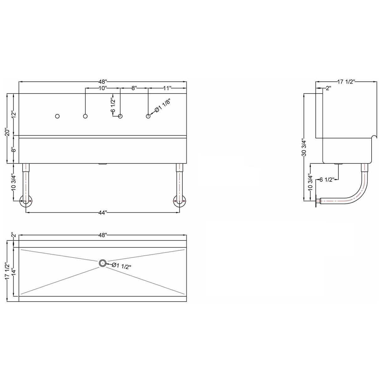Multi Station Hand Sink For 2 Faucets Back Splash Stainless Steel | Mshs1748