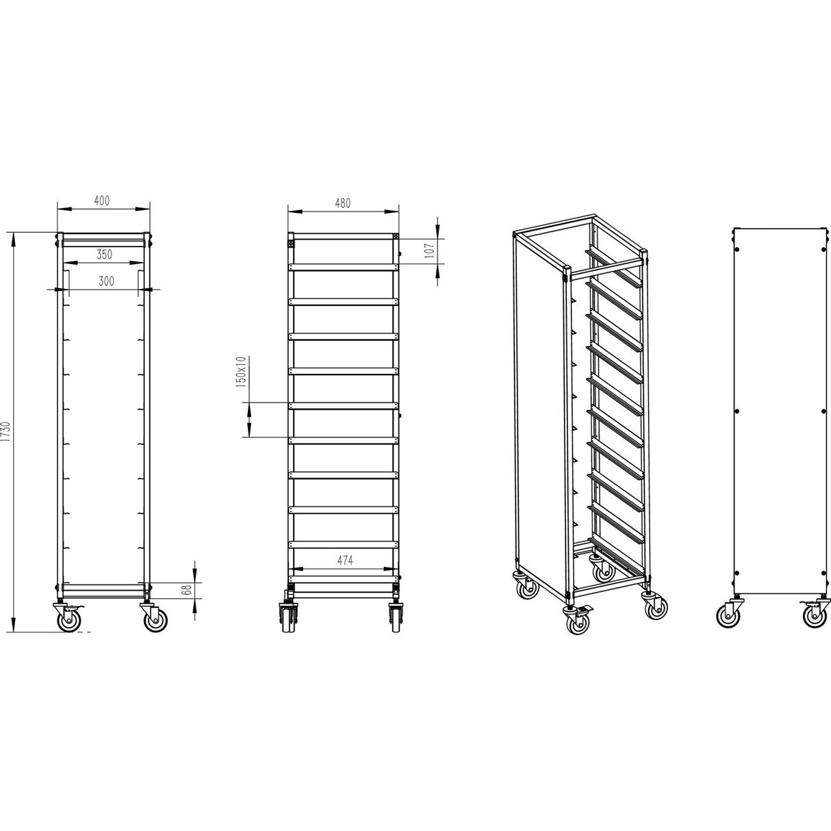 10 Tier Rack/Tray/Pan Trolley For Width 310 350mm Covered Sides Stainless Steel | Pt10 P