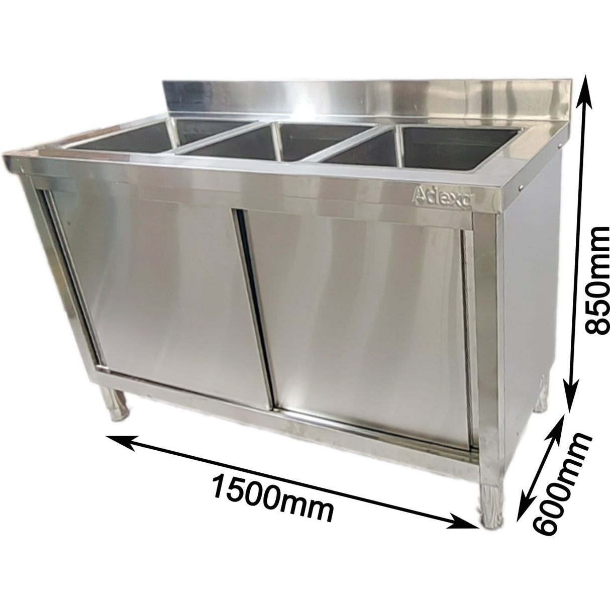 Commercial Stainless Steel Sink With Cupboard &Amp; Splashback 3 Bowls 1500x600x850mm | Qnh1010